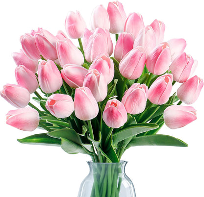 Sggvecsy 30 Pcs Fake Tulips Artificial Flowers Real Touch PU Faux Flowers Tulip Stems for Wedding Spring Bouquet Floral Arrangement Home Office Party Decorations for Mother's Day (Multi Colors)