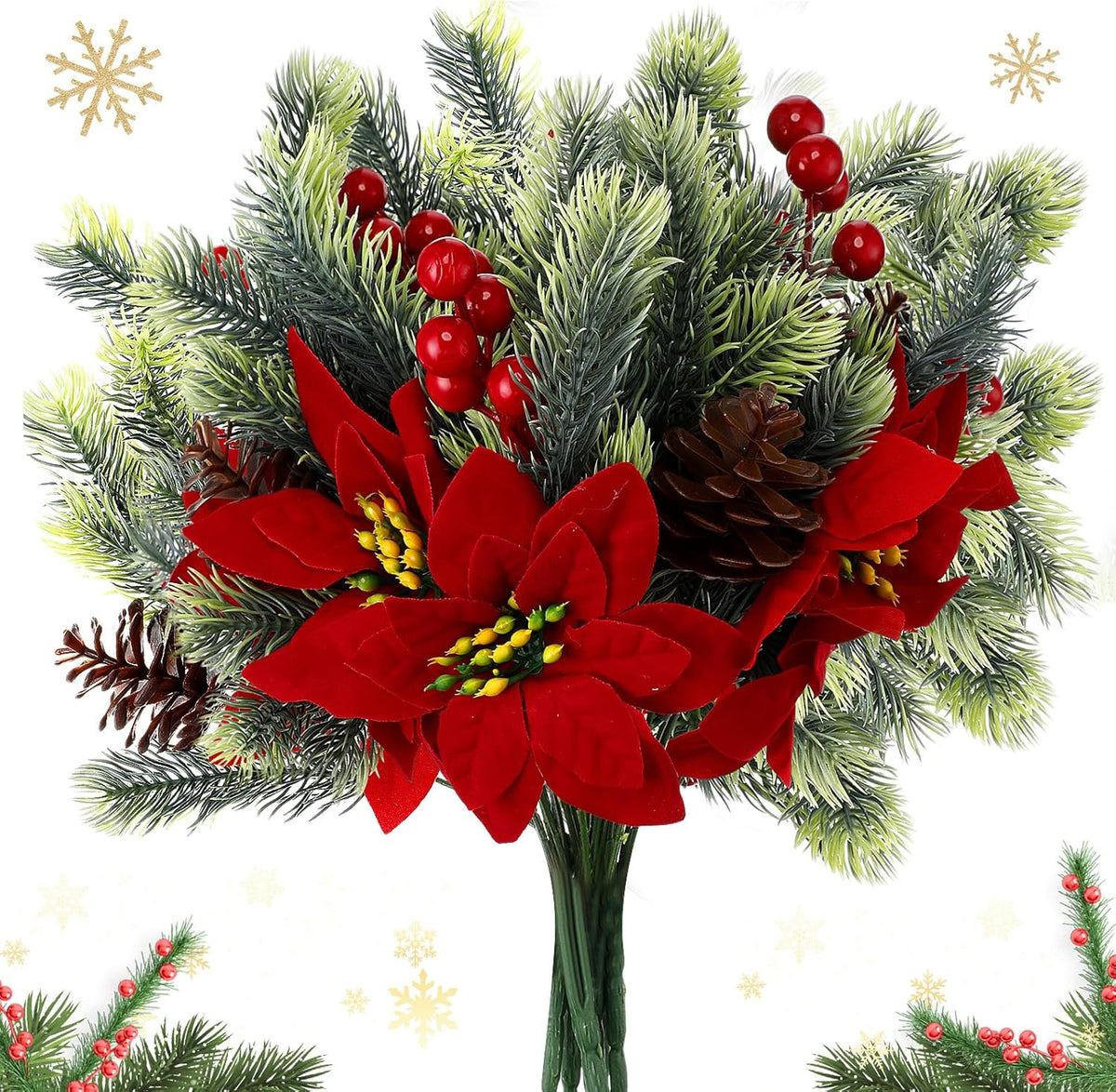 Refined Artificial Poinsettia Bouquet Pine Holiday Decor Display