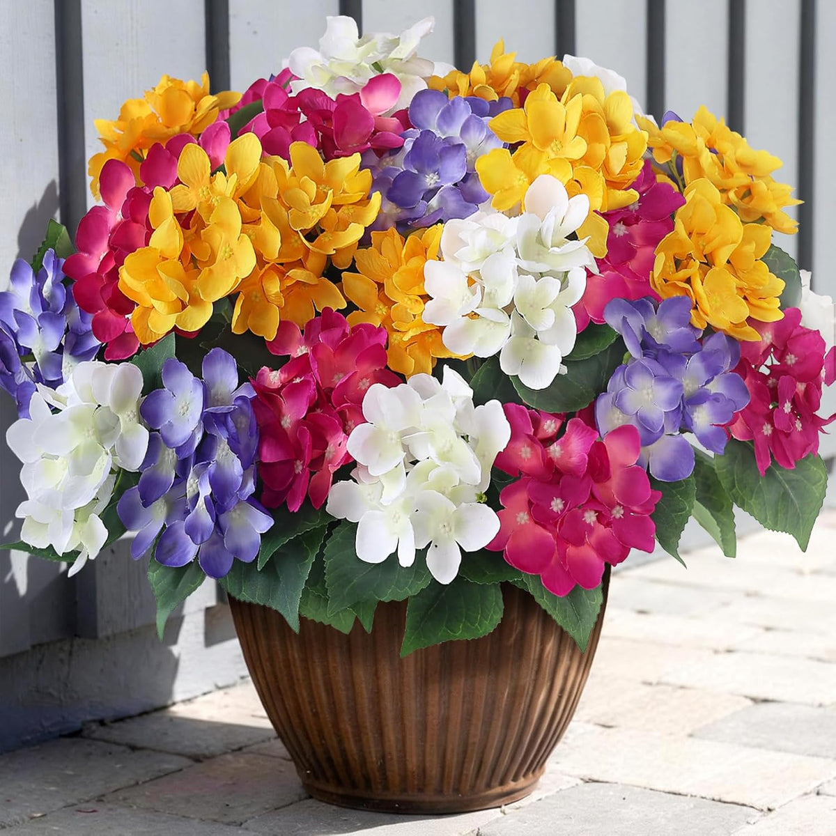 FOTEEWL 16 Bundles Artificial Hydrangea Flowers for Outdoor Decor, Realistic Faux Silk Bouquets Sun-Resistant Fake Plants for Front Door Balcony Farmhouse Garden Home Spring Summer Decor (Blue)