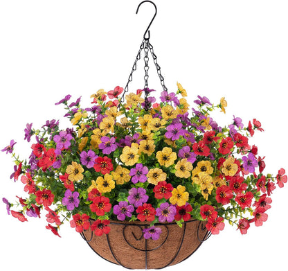 Artificial Faux Hanging Plants Flowers Basket for Spring Outdoor Decoration, Fake Silk Daisy UV Resistant Look Real with Eucalyptus Leaves Summer Outside Decor for Home Patio Garden