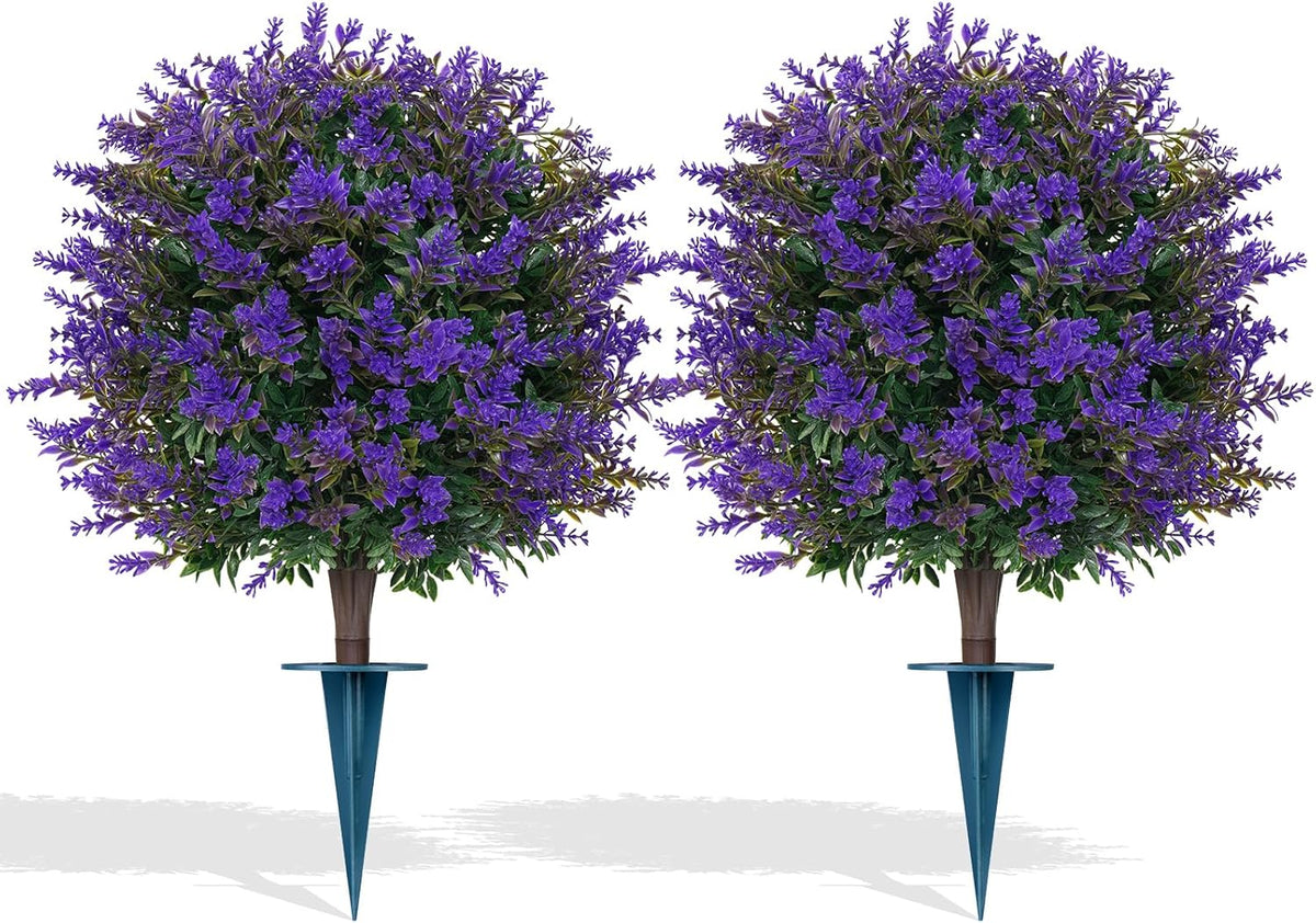 Artificial Lavender Topiary Ball for Outdoors, Set of 2 Boxwood Plant Tree with Spike, Fake Shrubs UV Resistant Faux Plants for Indoor Outdoor Decor
