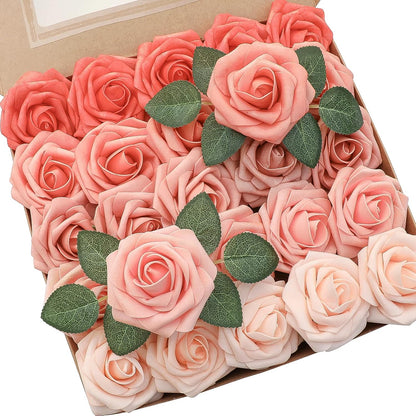 Floroom Artificial Flowers 25 Pcs Real Looking Lavender Purple Ombre Colors Foam Fake Roses with Stems for DIY Wedding Bouquets Bridal Shower Floral Centerpieces Party Tables Home Decorations