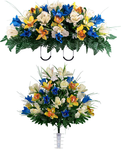 Sympathy Silks Ruby's Silk Flowers Artificial Flowers - Weighted Pot Bouquet Decoration - Height 18"-20" - Red Tulip and White Iris Potted Flowers