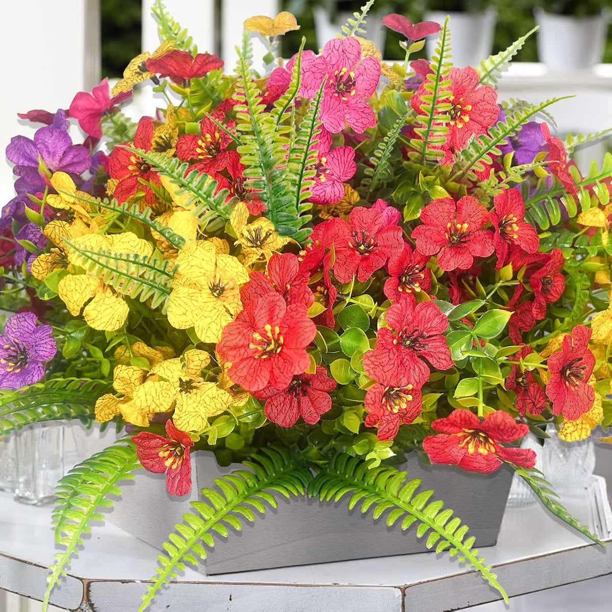 14 Pcs Artificial Flowers Outdoor UV Resistant Fake Flower for Outside Faux Greenery Plant Planter Plastic Flowers - No Maintenance Outdoor Faux Flowers for Porch Garden Home Decor (Mix 4)