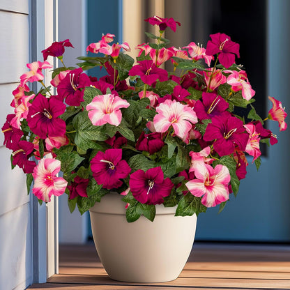 19 Inch Artificial Fake Flowers for Outdoor, 4 Pcs Faux Silk Petunias Spring Flowers for Outside for Indoor Porch Planter Front Door Garden Patio Window Box Home Decor (Multiple Color)