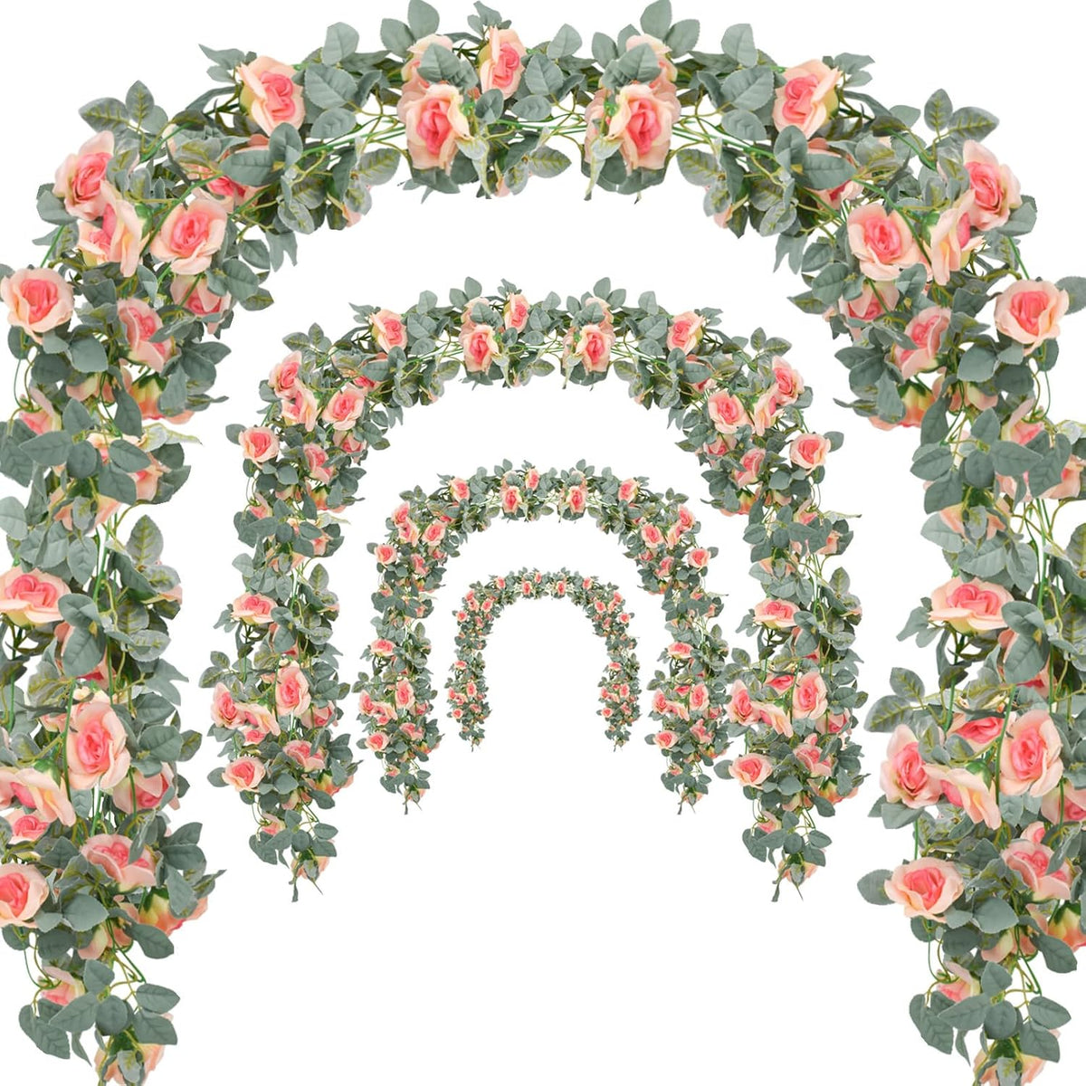 Flower Garland Rose Vine 4Pcs 28FT Artificial Floral Garland with Green Leaves Hanging Rose Vine for Wedding Party Garden Home Wall Decor (White)