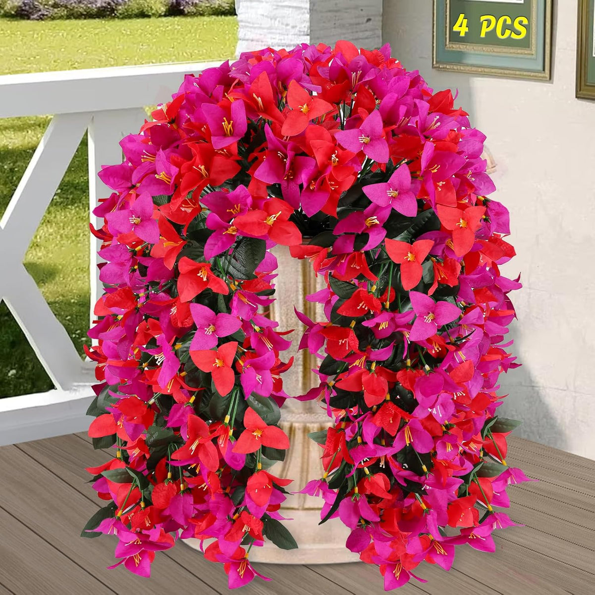 2 Pcs Artificial Bougainvillea Hanging Flowers, UV Resistant Silk Vines for Outdoor Porch Decor (Red)