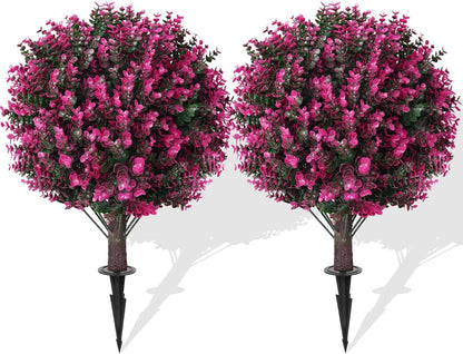 Artificial Boxwood Topiary Ball Tree Set of 2, UV Resistant Artificial Outdoor Shrubs with Spike, Decorative Evergreen Fake Topiary Bushes Plant for Front Porch Garden