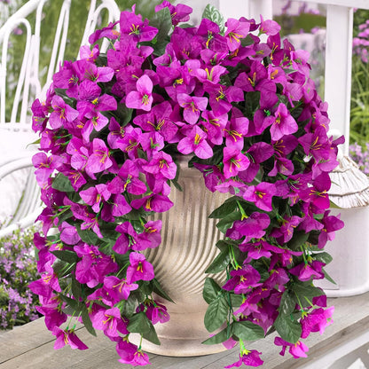 2 Pcs Artificial Faux Bougainvillea Flowers Plants for Outdoor Outside Summer Decoration, Fake Silk UV Resistant Long Trailing Vines for Front Door Porch Planter Balcony (Purple Rose Red)