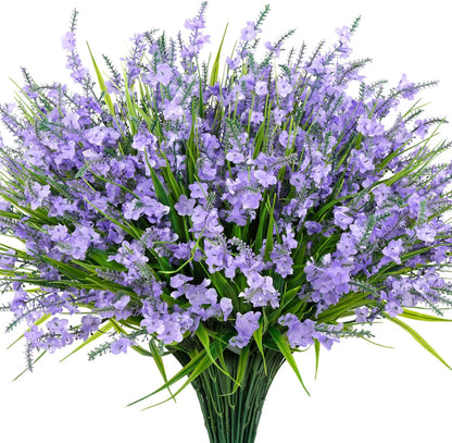 20 Bundles Artificial Lavender Flowers for Outdoors Fake Silk Flowers Faux Plants UV Resistant for Indoor and Outdoor Spring Porch Garden Window Table Box Office Home Decorations, Deep Purple