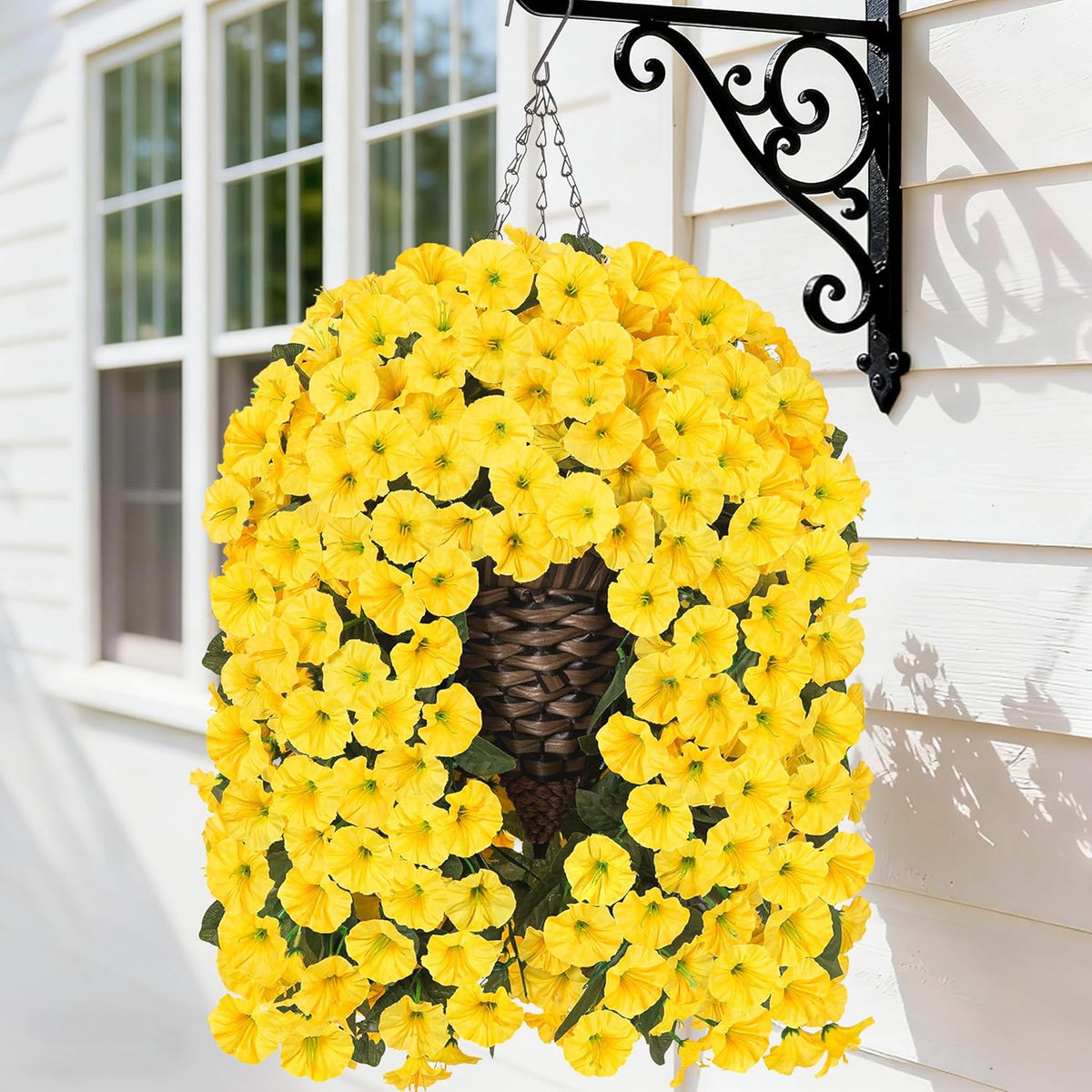 HyeFlora Artificial Fake Hanging Outdoor Flowers Plants Basket, Faux Silk Yellow Daisy Flowers UV Resistant Realistic Hanging Planter Orchid Vines for Outside Porch Patio Home Garden Yard Decoration