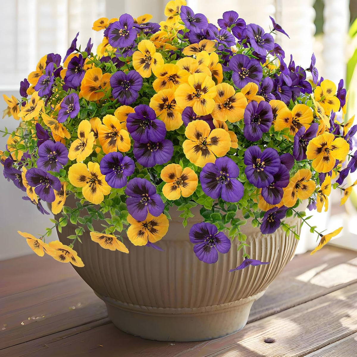 18 Pcs Artificial Fake Pansy Flowers for Outdoor, Faux Silk Pansies Spring Flowers for Outside for Planter Front Door Porch Yard Patio Window Box Home Decor (18, Purple, Yellow, White)