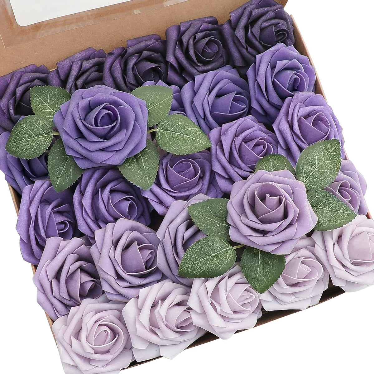 Floroom Artificial Flowers 25 Pcs Real Looking Lavender Purple Ombre Colors Foam Fake Roses with Stems for DIY Wedding Bouquets Bridal Shower Floral Centerpieces Party Tables Home Decorations