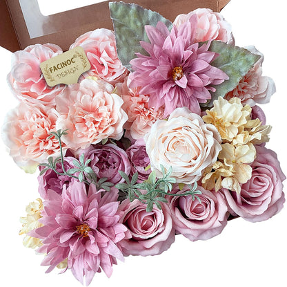 Roses Artificial Flowers Pink Bouquets Box Set for DIY Bridal Wedding Shower Decorations Fake Floral Arrangements for Party Table Centerpieces Home Decor Indoor Outdoor Dusty Blush 19 Pcs