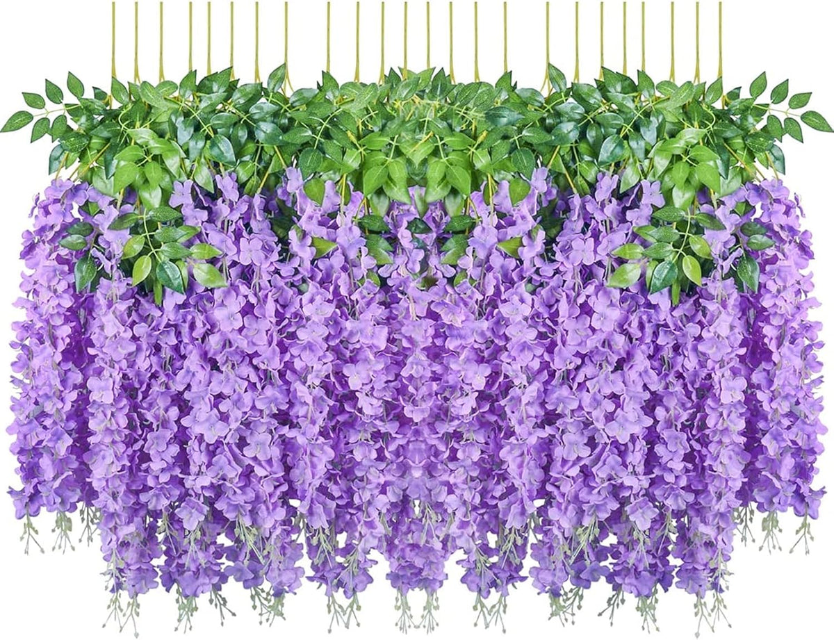 Pauwer Wisteria Hanging Flowers 24 Pack Fake Flower Garland Artificial Wisteria Vines Rattan Silk Flower String Wedding Party Wall Decorations, White