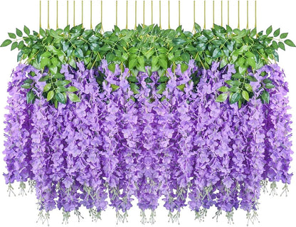 Pauwer Wisteria Hanging Flowers 24 Pack Fake Flower Garland Artificial Wisteria Vines Rattan Silk Flower String Wedding Party Wall Decorations, White