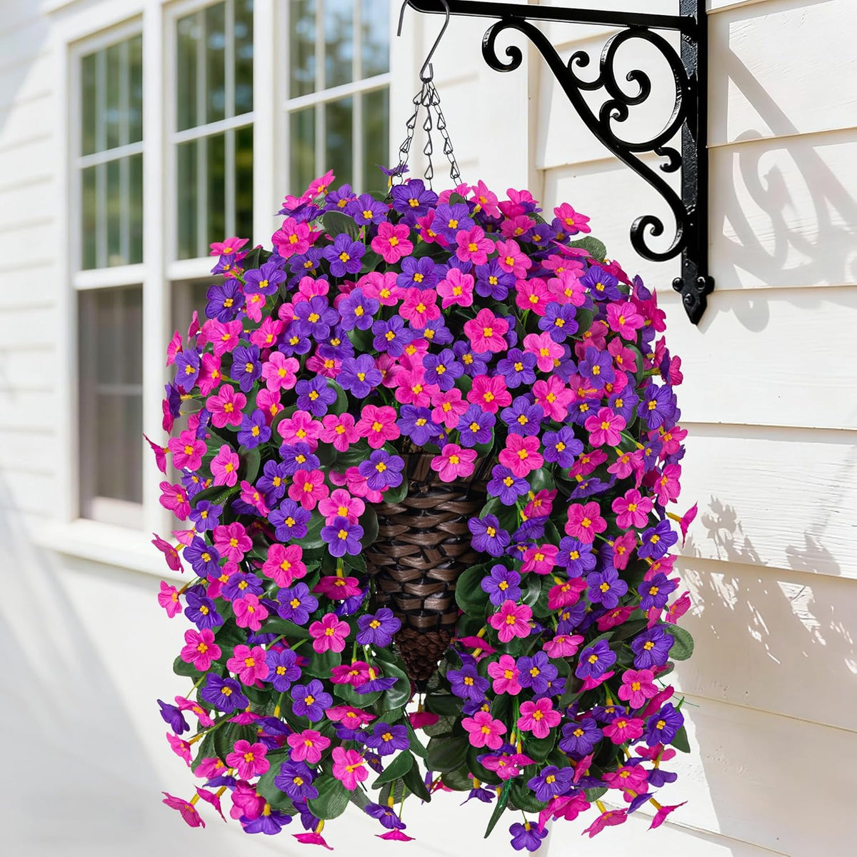 HyeFlora Artificial Fake Hanging Outdoor Flowers Plants Basket, Faux Silk Yellow Daisy Flowers UV Resistant Realistic Hanging Planter Orchid Vines for Outside Porch Patio Home Garden Yard Decoration