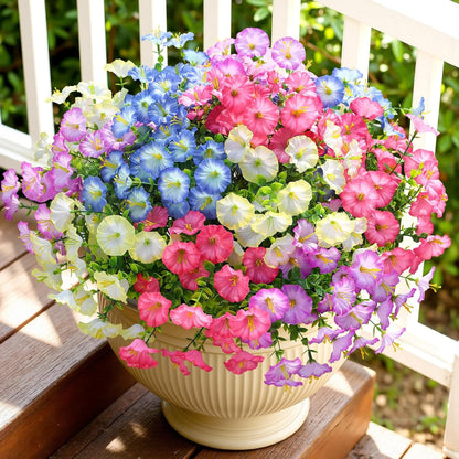 Alupssuc 24 Bundles Artificial Flowers for Outdoors, Faux Spring Flowers for Decoration, UV Resistant Silk Morning Glory with Eucalyptus Realistic Fake Flowers for Yard Planter Porch Garden, 5 Colors