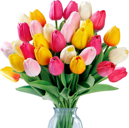 Sggvecsy 30 Pcs Fake Tulips Artificial Flowers Real Touch PU Faux Flowers Tulip Stems for Wedding Spring Bouquet Floral Arrangement Home Office Party Decorations for Mother's Day (Multi Colors)