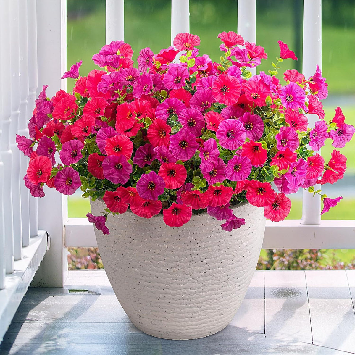Artificial Flowers for Outdoors, 12 Bundles Fake Plastic Flower Plant, UV Resistant Faux Colorful Silk Morning Glory Petunias for Spring Summer Outside Garden Porch Front Door Decor, Purple