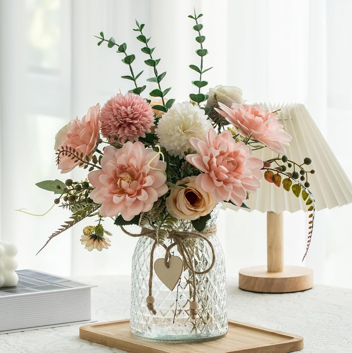 Fake Flowers with Vase, Faux Flowers in Vase for Home Decor, Silk Pink Dahlia Artificial Flowers with Vase for Coffee Table Decor, Living Room Bathroom Plant Decor, Centerpiece Table Decorations