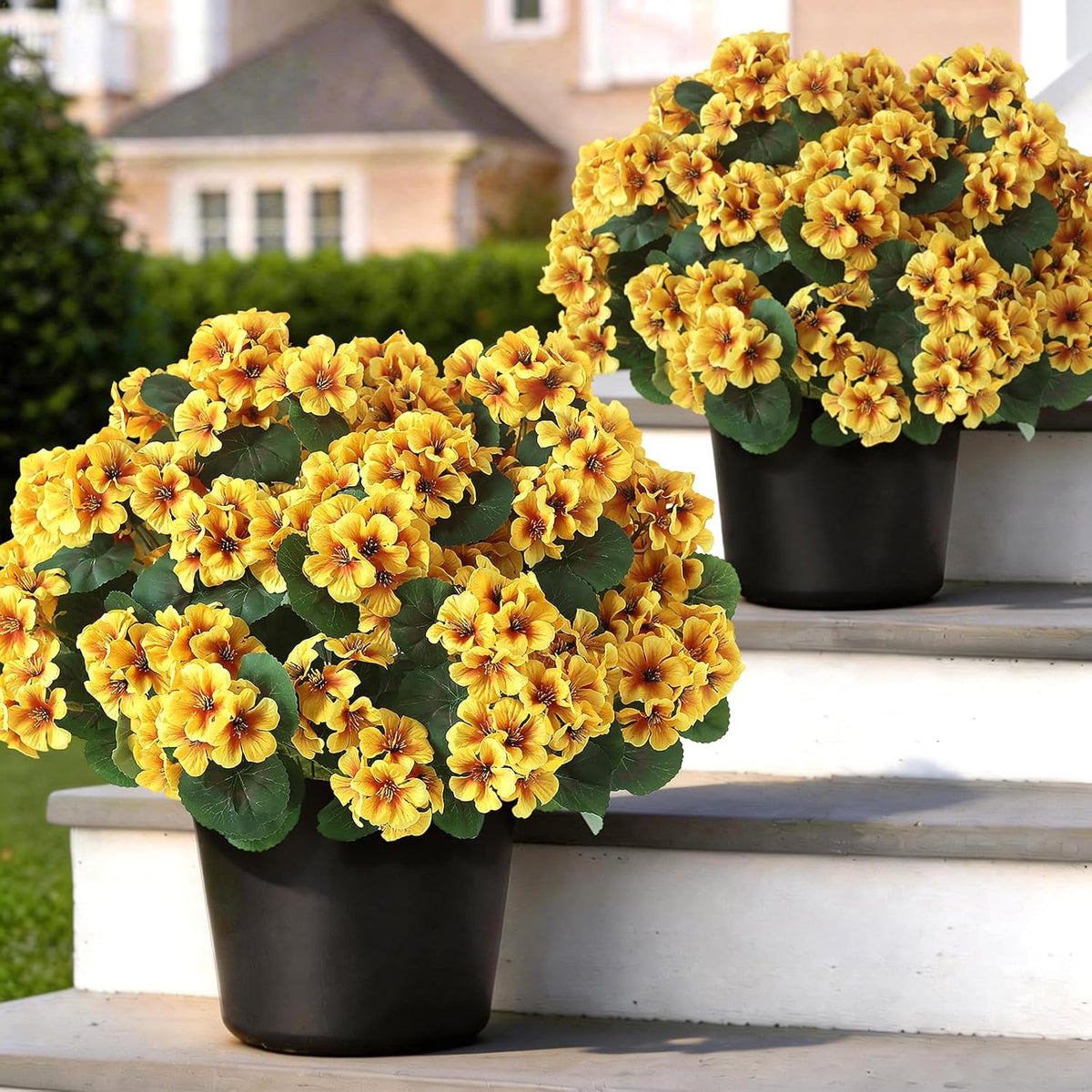 2 Pack Artificial Geranium Flowers Topitary Trees for Outdoors, UV Resistant Geraniums Potted Bushes Look Real Silk Faux Plants for Front Door Garden Porch Planter Farmhouse Home Decor (Peach Red)