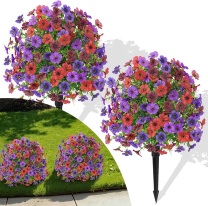 Alupssuc 2Pcs 20" Artificial Topiary Ball Flowers For Outdoors Planters, Spring Decoration with Spike, UV Resistant Faux Summer Plants, Fake Bushes Indoor Decor, Mix 4 Colors for Garden, Porch & Patio