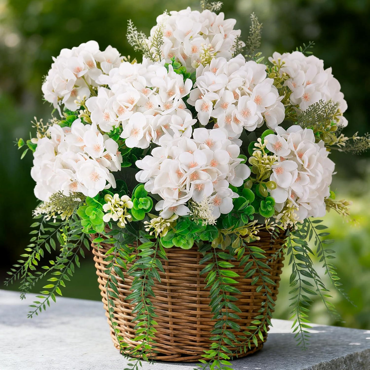 Artificial Hydrangea Flowers Silk Champagne Fake Flower with Eucalyptus for Outdoor Decorations UV Resistant Realistic Faux Plants for Garden Porch Window Box Indoor Table Decor