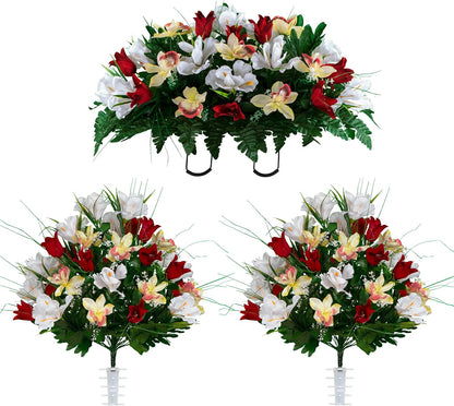 Sympathy Silks Ruby's Silk Flowers Artificial Flowers - Weighted Pot Bouquet Decoration - Height 18"-20" - Red Tulip and White Iris Potted Flowers