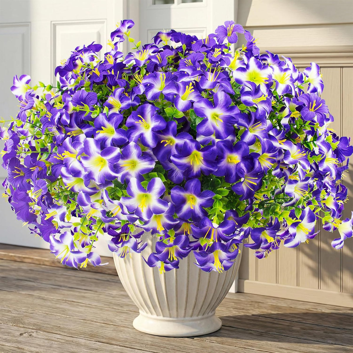 16 Pcs Faux Petunias Artificial Flowers For Outdoors, UV Resistant Fake Petunias Plants Realistic Silk Flowers for Porch Front Door Garden Window Outside Decor (16, White, Yellow, Purple, RedViolet)