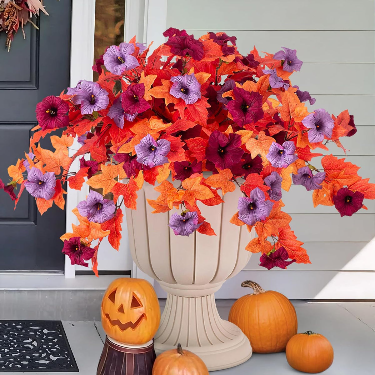 2PCS Artificial Petunia Flowers for Outdoors, Fake Flowers for Outdoor Planters UV Resistant Faux Silk Petunias for Garden Porch Yard Balcony Patio Realistic Home Kitchen Decor(Double Purple)