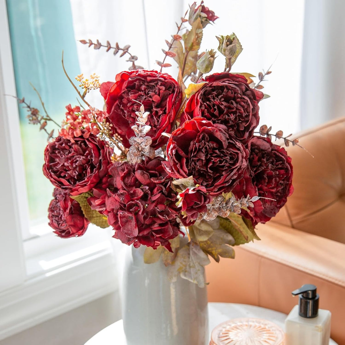 Ivydale Peony Artificial Flowers Bouquet 17.7" Faux Silk Arrangements Fake Peonies Plants Bulk Look Real Dining Table Centerpieces for Home Kitchen Wedding Party Decor, No Vase (Red)