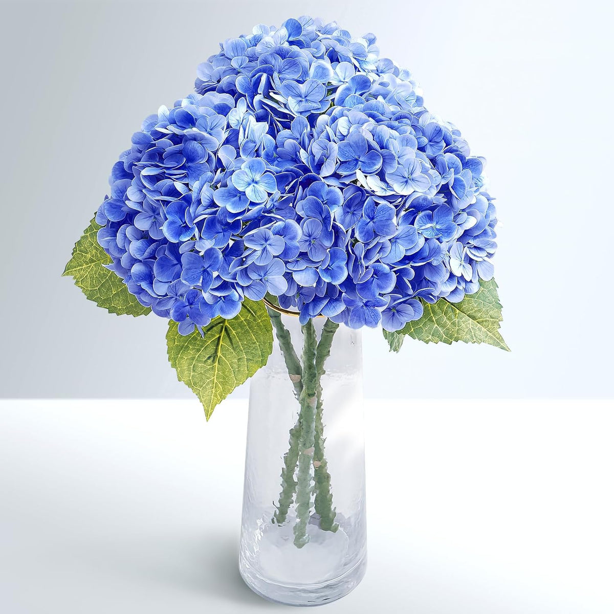 Waipfaru 21" Real Touch Blue Hydrangea Artificial Flowers with Long Stem & Leaves, Full Latex Faux Hydrangea Flowers for Home Decor Party Floral Arrangements Wedding Bouquets Centerpieces, 4Pcs