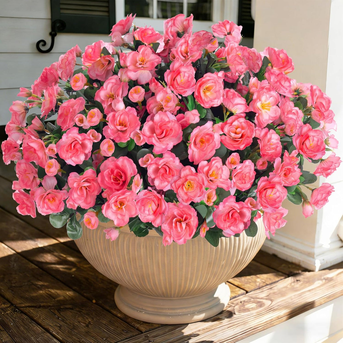 Ivydale Artificial Fake White Flowers Plants for Spring Outdoor Outside, Faux Silk Camellia UV Resistant Realistic for Front Door Porch Patio Balcony Garden Yard Decor, 3 Large Bundles