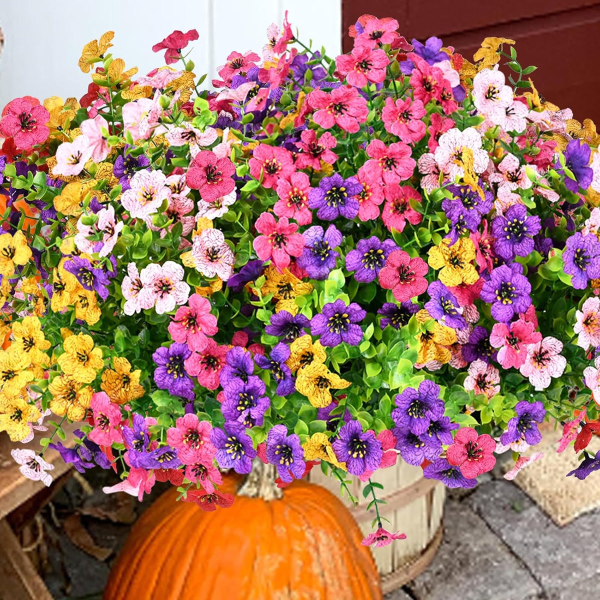 Artificial Flowers for Outdoor, UV Resistant Fake Silk Flowers, Realistic Faux Plants for Outside Indoor Porch Patio Window Box Planter Home Decor (20, Yellow Purple Rosy Pink Red)