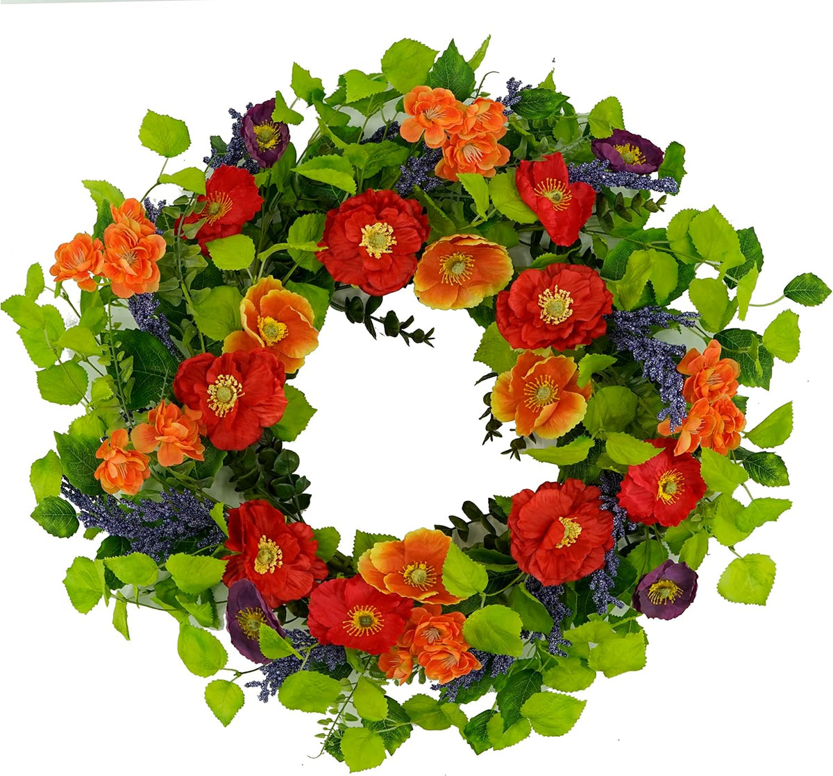 Artificial Spring Summer Wreath with Pansy Flowers, Flocked Lamb Ear Leaves, Eucalyptus Leaves, Fern Branches for Front Door Indoor Outdoor Farmhouse Wall Holiday Decor, White Gift Box Included