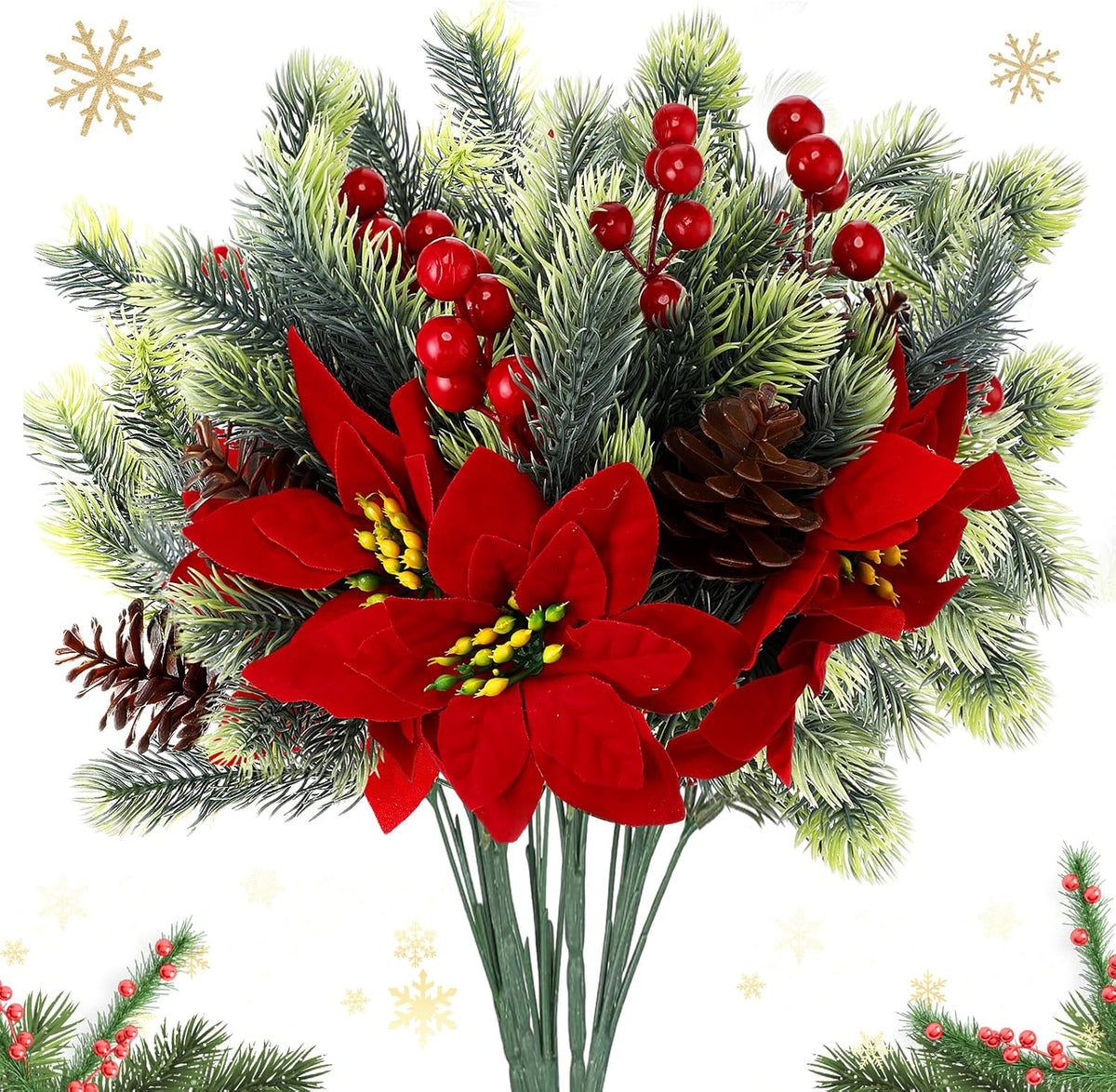 Refined Artificial Poinsettia Bouquet Pine Holiday Decor Display