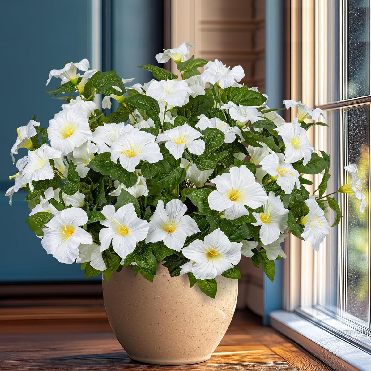 19 Inch Artificial Fake Flowers for Outdoor, 4 Pcs Faux Silk Petunias Spring Flowers for Outside for Indoor Porch Planter Front Door Garden Patio Window Box Home Decor (Multiple Color)