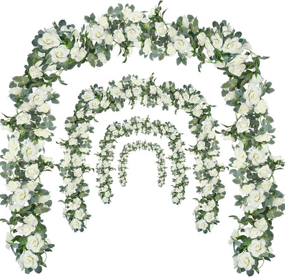 Flower Garland Rose Vine 4Pcs 28FT Artificial Floral Garland with Green Leaves Hanging Rose Vine for Wedding Party Garden Home Wall Decor (White)