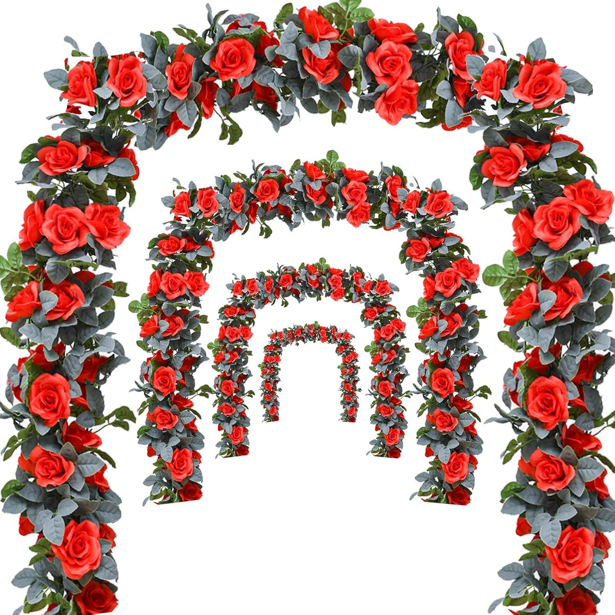 Flower Garland Rose Vine 4Pcs 28FT Artificial Floral Garland with Green Leaves Hanging Rose Vine for Wedding Party Garden Home Wall Decor (White)