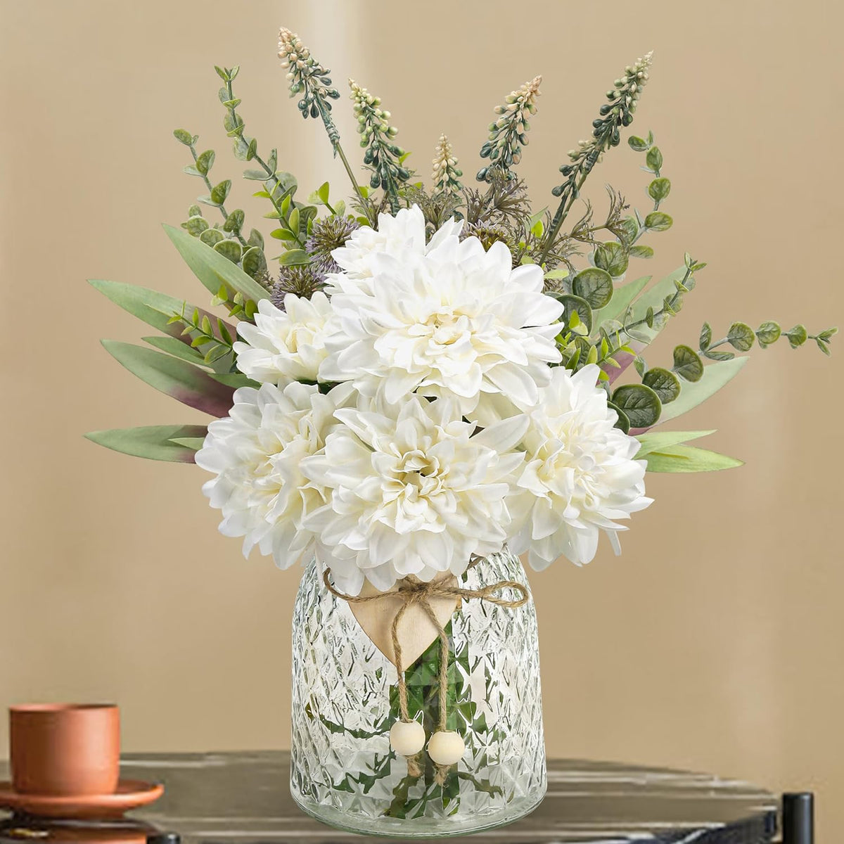 Der Rose Fake Flowers in Vase Silk Artificial Navy Blue Flowers Arrangements with Glass Vase for Dinning Coffee Table Centerpieces Home Kitchen Farmhouse Wedding Decor