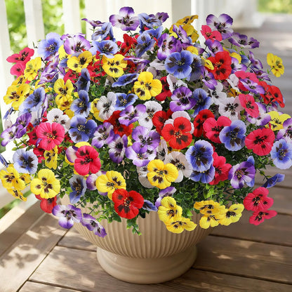 Alupssuc 24 Bundles Artificial Flowers for Outdoors, Fake Spring Flowers for Decoration, UV Resistant Realistic Pansies with Eucalyptus Silk Faux Flowers for Porch Patio Yard, Purple Yellow White