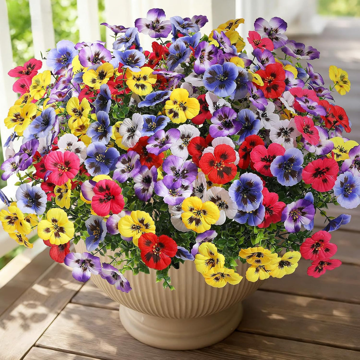 Alupssuc 24 Bundles Artificial Flowers for Outdoors, Fake Spring Flowers for Decoration, UV Resistant Realistic Pansies with Eucalyptus Silk Faux Flowers for Porch Patio Yard, Purple Yellow White