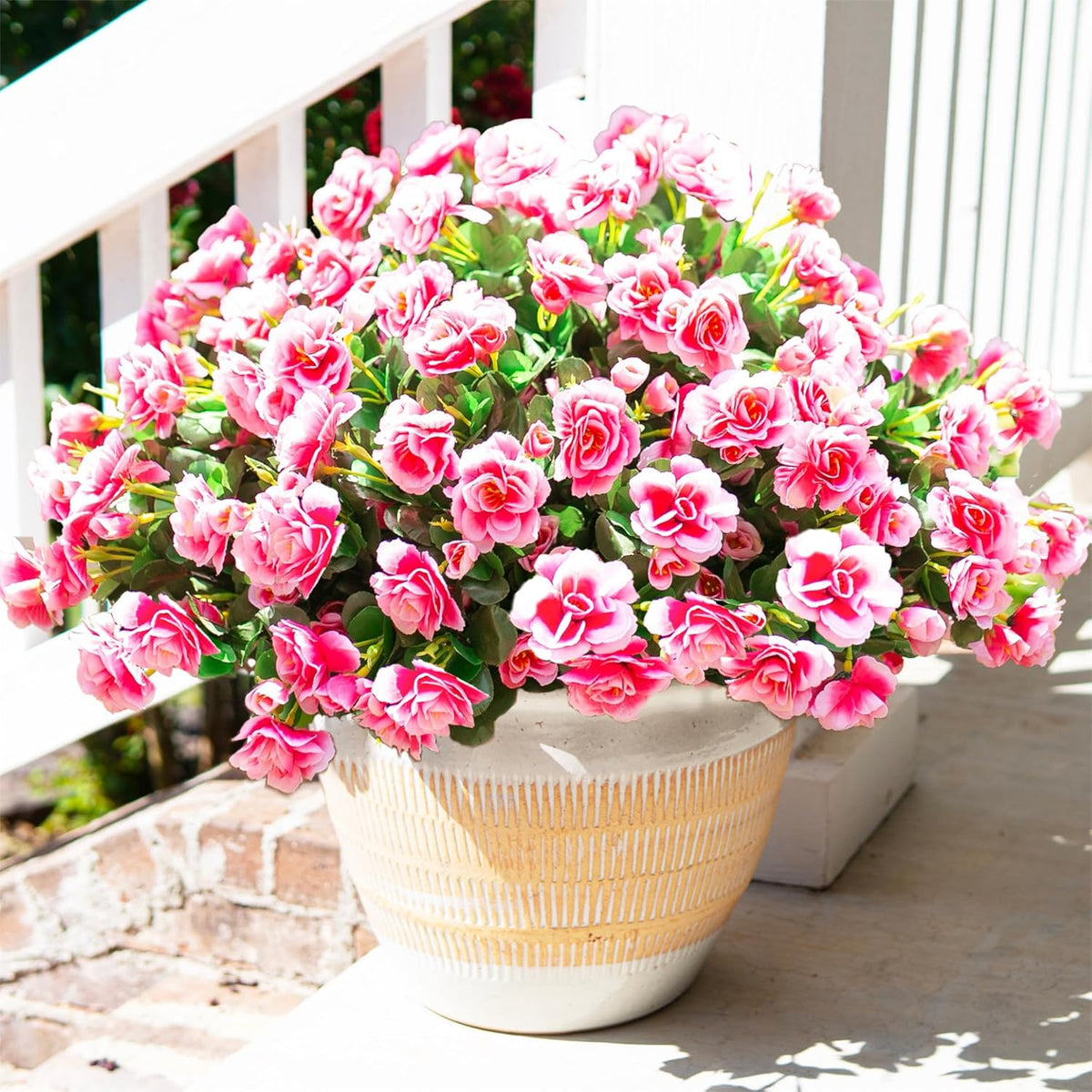 HyeFlora Artificial Fake Flowers Plants for Spring Outdoor Outside Decor, Faux Silk Yellow Camellia UV Resistant Realistic for Planter Front Door Porch Patio Balcony Decoration, 3 Large Bundles