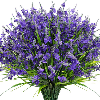 20 Bundles Artificial Lavender Flowers for Outdoors Fake Silk Flowers Faux Plants UV Resistant for Indoor and Outdoor Spring Porch Garden Window Table Box Office Home Decorations, Deep Purple