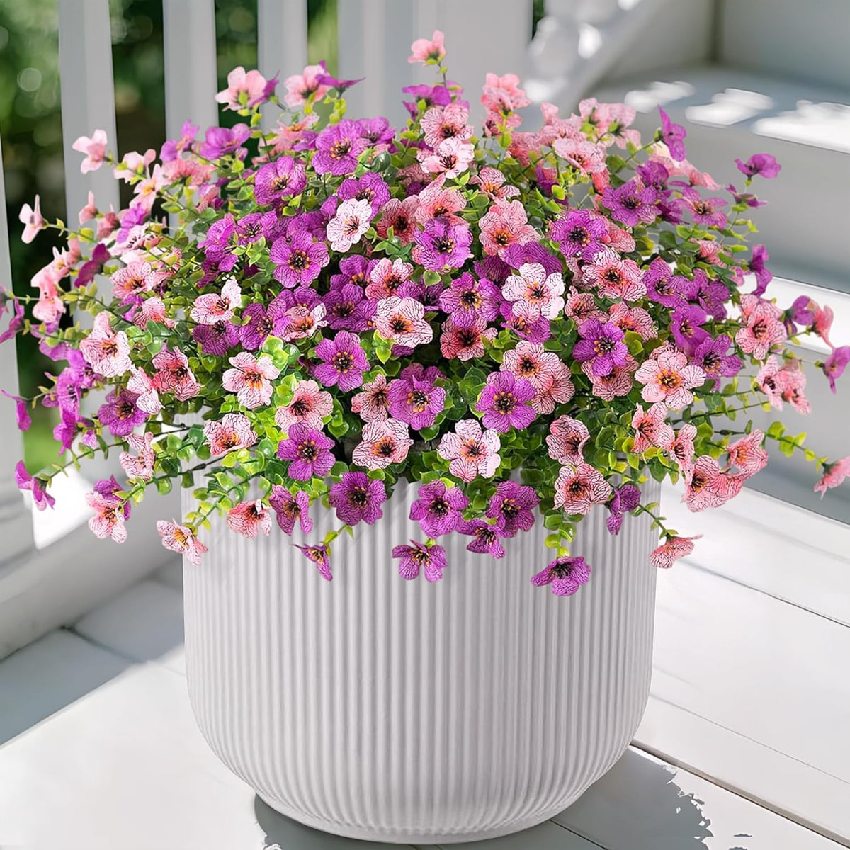 Ammyoo Artificial Fake Plants Flowers for Outdoor Spring Decor, 12 Bundles Faux Silk Mums for Planter Pot Colorful UV Resistant Look Real for Front Door Porch Patio Outside Yard(Purple Pink)