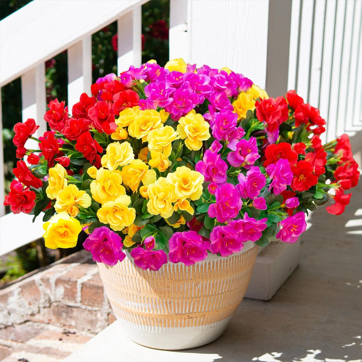 HyeFlora Artificial Fake Flowers Plants for Spring Outdoor Outside Decor, Faux Silk Yellow Camellia UV Resistant Realistic for Planter Front Door Porch Patio Balcony Decoration, 3 Large Bundles
