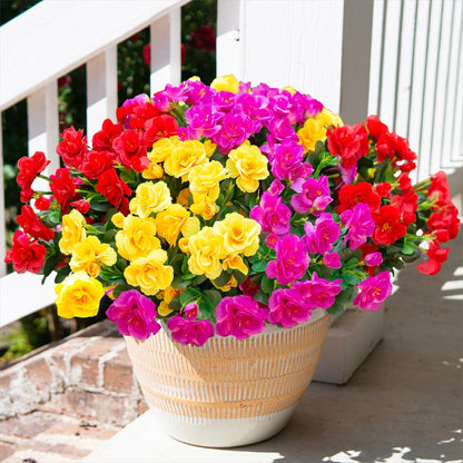 HyeFlora Artificial Fake Flowers Plants for Spring Outdoor Outside Decor, Faux Silk Yellow Camellia UV Resistant Realistic for Planter Front Door Porch Patio Balcony Decoration, 3 Large Bundles