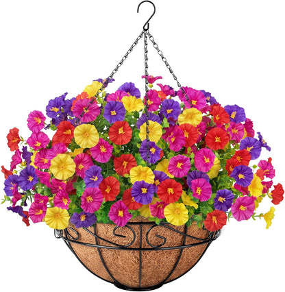 Ouddy Decor Artificial Hanging Plants Flowers Basket for Spring Summer Outdoor Decor, Fake Hanging Flowers Faux Silk Morning Glory UV Resistant for Patio Yard Porch Garden Home Decorations, Fuchsia