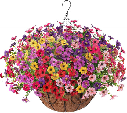 HyeFlora Artificial Fake Hanging Plants Flowers Basket for Outdoor Outside Porch Spring Decoration, Faux Silk Purple Daisy Realistic UV Resistant in Planter for Home Patio Balcony Garden Yard